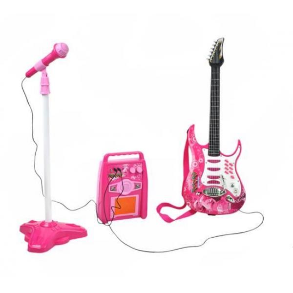 Žaislinė elektrinė gitara su stiprintuvu, mikrofonu ir MP3 jungtimi, rožinė